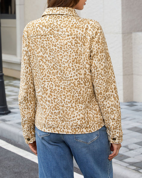 GRAPENT Leopard Cheetah Print Jean Jacket Women Casual Denim Trucker Jacket Stretchy Denim Jacket, Animal Print, Button Down, Long Sleeve, Side Pockets, Western Outfit, Fall Outfits for Women