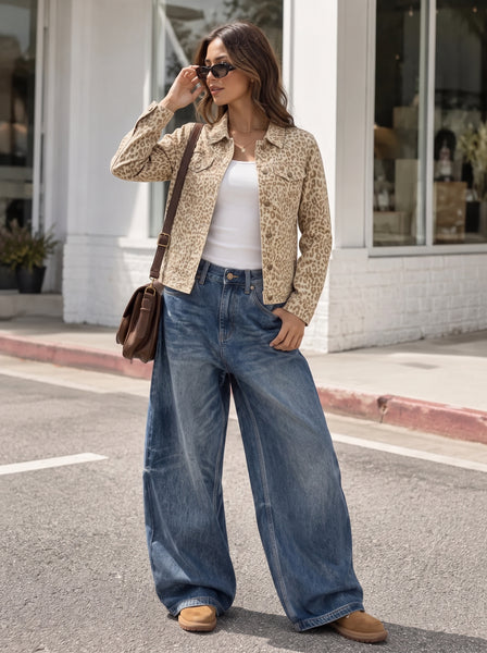 GRAPENT Leopard Cheetah Print Jean Jacket Women Casual Denim Trucker Jacket Stretchy Denim Jacket, Animal Print, Button Down, Long Sleeve, Side Pockets, Western Outfit, Fall Outfits for Women