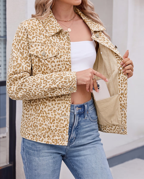 GRAPENT Leopard Cheetah Print Jean Jacket Women Casual Denim Trucker Jacket Stretchy Denim Jacket, Animal Print, Button Down, Long Sleeve, Side Pockets, Western Outfit, Fall Outfits for Women