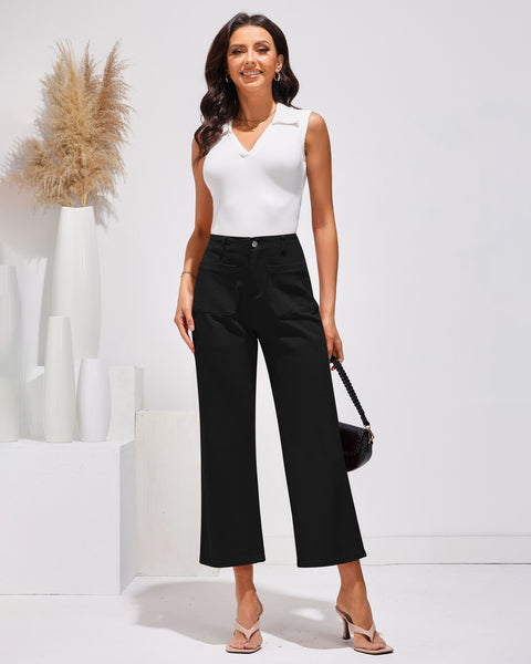 GRAPENT Wide Leg Jeans for Women High Waisted Straight Leg Stretchy Cropped Denim Pants with Pockets Jean Trousers