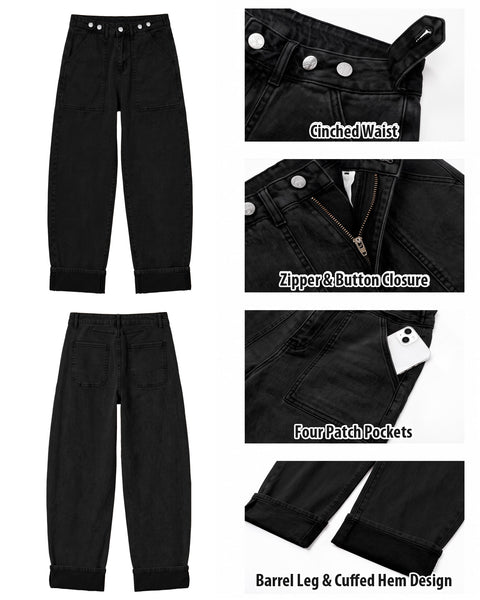 GRAPENT Barrel Jeans Women Cinched High Waisted Cuffed Stretchy Denim Pants Cropped Baggy Wide Leg Jeans, 27 Inch Inseam, Adjustable Cinched Waist, Big Pockets, Work Office Outfits, Casual Daily Wear