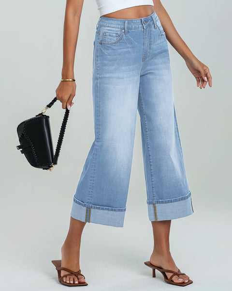GRAPENT Wide Leg Jeans for Women High Waisted Stretchy Denim Capri Pants Fold Hem Cropped Baggy Capris Jeans with Pocket