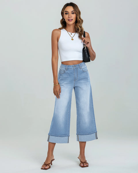 GRAPENT Wide Leg Jeans for Women High Waisted Stretchy Denim Capri Pants Fold Hem Cropped Baggy Capris Jeans with Pocket