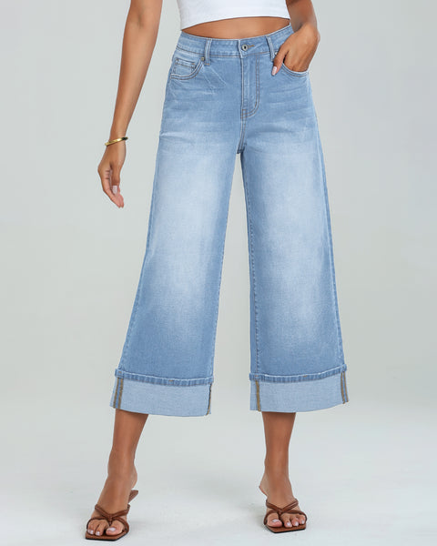 GRAPENT Wide Leg Jeans for Women High Waisted Stretchy Denim Capri Pants Fold Hem Cropped Baggy Capris Jeans with Pocket