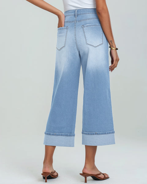 GRAPENT Wide Leg Jeans for Women High Waisted Stretchy Denim Capri Pants Fold Hem Cropped Baggy Capris Jeans with Pocket