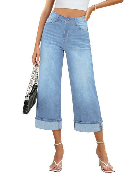 GRAPENT Wide Leg Jeans for Women High Waisted Stretchy Denim Capri Pants Fold Hem Cropped Baggy Capris Jeans with Pocket