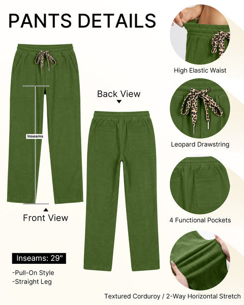 GRAPENT Corduroy Pants Women Straight Leg Leopard Print Drawstring Trousers High Waisted Fit, Elastic Waist with Cheetah Print Drawstring, Easy Pull On Style, Casual Work Pants, Fall Winter Outfits