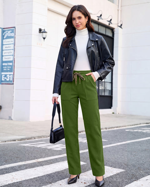 GRAPENT Corduroy Pants Women Straight Leg Leopard Print Drawstring Trousers High Waisted Fit, Elastic Waist with Cheetah Print Drawstring, Easy Pull On Style, Casual Work Pants, Fall Winter Outfits