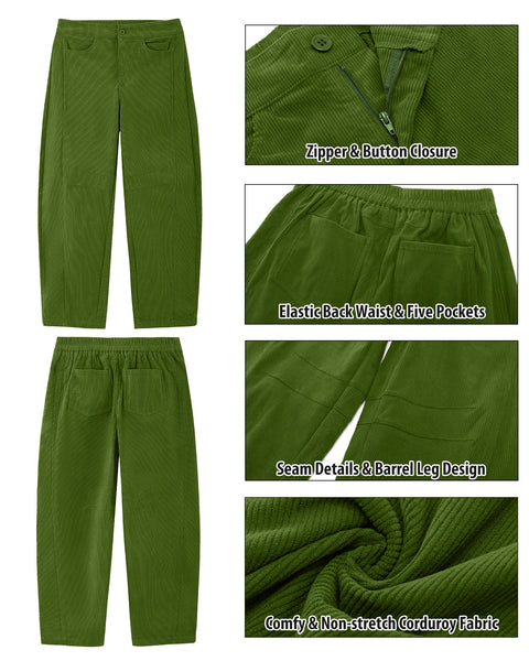 GRAPENT Corduroy Pants Women Barrel Elastic Waist Ankle Work Casual Trouser High Waisted Fit, Barrel Leg, Ankle Length, 27.5" Inseam, Functional Pockets, Fall Winter Pants, Dressy Casual Outfits