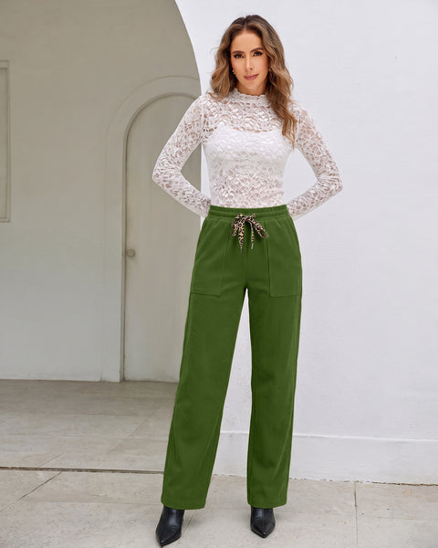 GRAPENT Corduroy Pants Women Straight Leg Leopard Print Drawstring Trousers High Waisted Fit, Elastic Waist with Cheetah Print Drawstring, Easy Pull On Style, Casual Work Pants, Fall Winter Outfits