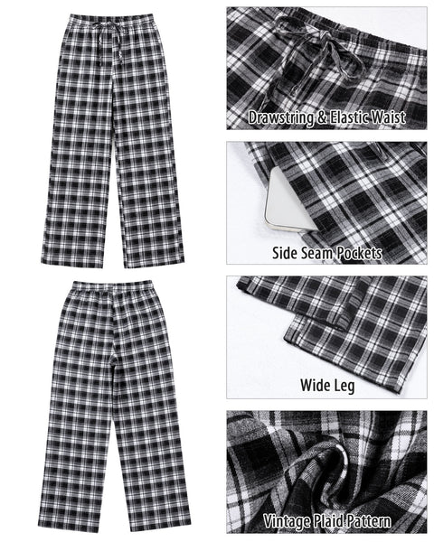 GRAPENT Plaid Pants for Women Wide Leg Elastic Waist Baggy Pull On Trousers | Tartan Pattern, High Waisted with Adjustable Drawstring, Casual Pants with Pockets, Relaxed Fit, For Daily Wear, Fall Outfits
