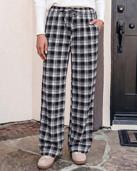 GRAPENT Plaid Pants for Women Wide Leg Elastic Waist Baggy Pull On Trousers | Tartan Pattern, High Waisted with Adjustable Drawstring, Casual Pants with Pockets, Relaxed Fit, For Daily Wear, Fall Outfits