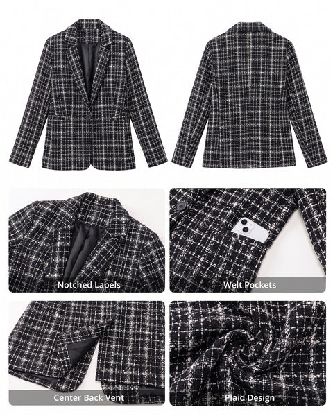 GRAPENT Tweed Blazers for Women Plaid Jacket Long Sleeve Work Casual Blazer | Notched Lapel, Fully Lined, Shoulder Pads, Single Button, 2 Pockets, Interview, Office outfits, Business Casual Blazers