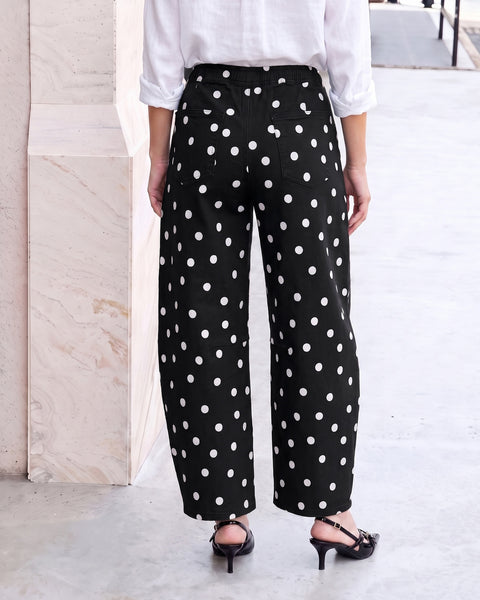 GRAPENT Barrel Womens Jeans High Rise Polka Dot Pull On Stretch Denim Pants | Cropped Jeans for Women, Elastic Waist with Drawstring, High Waisted, 27 Inch Inseam, Dressy Casual Outfit, Casual Daily Wear
