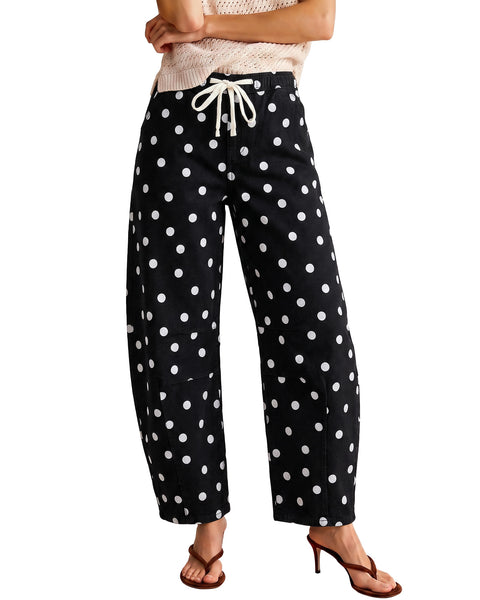 GRAPENT Barrel Womens Jeans High Rise Polka Dot Pull On Stretch Denim Pants | Cropped Jeans for Women, Elastic Waist with Drawstring, High Waisted, 27 Inch Inseam, Dressy Casual Outfit, Casual Daily Wear