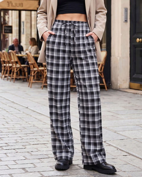 GRAPENT Plaid Pants for Women Wide Leg Elastic Waist Baggy Pull On Trousers | Tartan Pattern, High Waisted with Adjustable Drawstring, Casual Pants with Pockets, Relaxed Fit, For Daily Wear, Fall Outfits