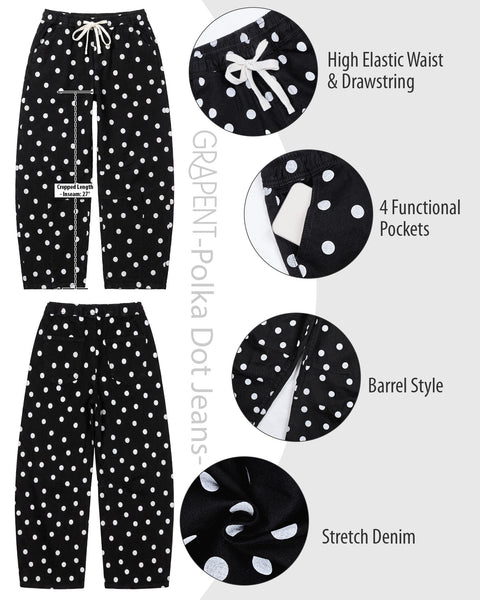 GRAPENT Barrel Womens Jeans High Rise Polka Dot Pull On Stretch Denim Pants | Cropped Jeans for Women, Elastic Waist with Drawstring, High Waisted, 27 Inch Inseam, Dressy Casual Outfit, Casual Daily Wear