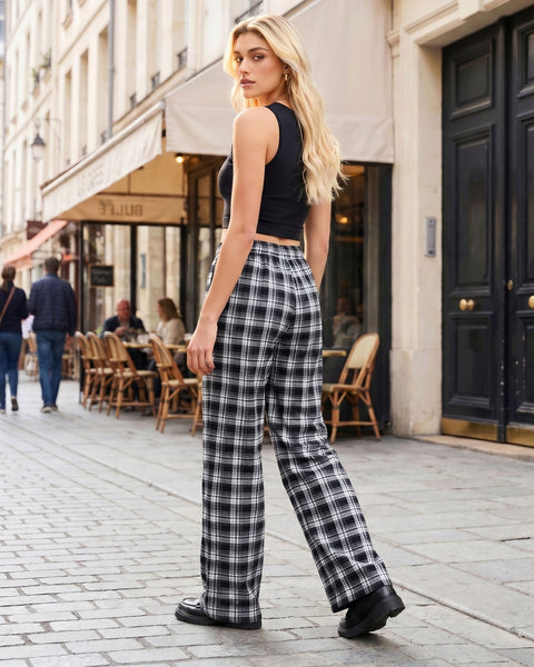 GRAPENT Plaid Pants for Women Wide Leg Elastic Waist Baggy Pull On Trousers | Tartan Pattern, High Waisted with Adjustable Drawstring, Casual Pants with Pockets, Relaxed Fit, For Daily Wear, Fall Outfits