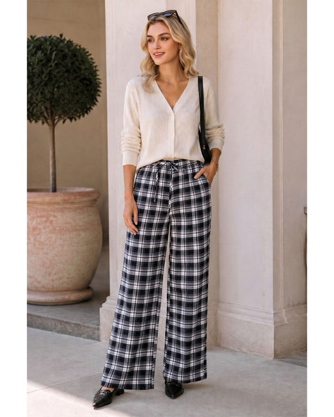 GRAPENT Plaid Pants for Women Wide Leg Elastic Waist Baggy Pull On Trousers | Tartan Pattern, High Waisted with Adjustable Drawstring, Casual Pants with Pockets, Relaxed Fit, For Daily Wear, Fall Outfits