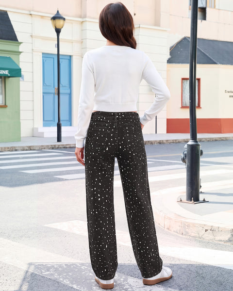 GRAPENT Straight Leg Jeans for Women Deer Print High Waisted Denim Pants Adjustable Cinched Waist, Stretchy, Allover Speckled Print, Full Length, 29.5" Inseam, Country Concert, Casual Daily Wear