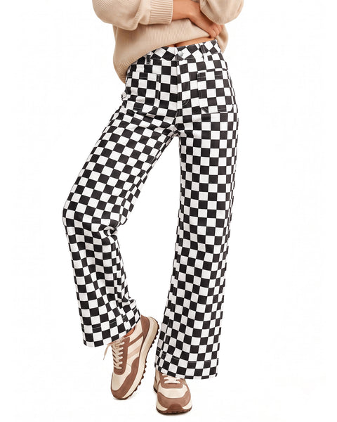 GRAPENT Women's Wide Leg Jeans High Waisted Trendy Stretchy Checkered Pants Checkerboard Print, High Rise, Wide-Leg Cut, Front Patch Pockets, Stretch Denim Pants, Weekend Casual, Classic Retro Style
