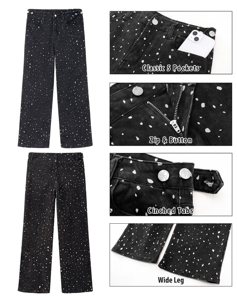 GRAPENT Straight Leg Jeans for Women Deer Print High Waisted Denim Pants Adjustable Cinched Waist, Stretchy, Allover Speckled Print, Full Length, 29.5" Inseam, Country Concert, Casual Daily Wear