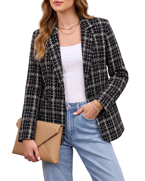 GRAPENT Tweed Blazers for Women Plaid Jacket Long Sleeve Work Casual Blazer | Notched Lapel, Fully Lined, Shoulder Pads, Single Button, 2 Pockets, Interview, Office outfits, Business Casual Blazers