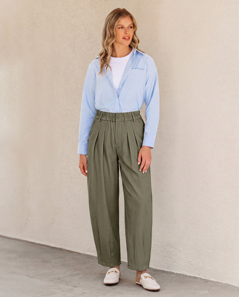 GRAPENT Dress Barrel Pants Women High Waisted Tapered Ankle Work Trousers Elastic Waist with Button-zip Closure, Pleated, 27" Inseam, 4 Pockets, Slacks for Women Business Casual, Work Office Outfits