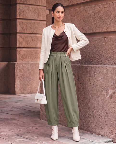 GRAPENT Dress Barrel Pants Women High Waisted Tapered Ankle Work Trousers Elastic Waist with Button-zip Closure, Pleated, 27" Inseam, 4 Pockets, Slacks for Women Business Casual, Work Office Outfits
