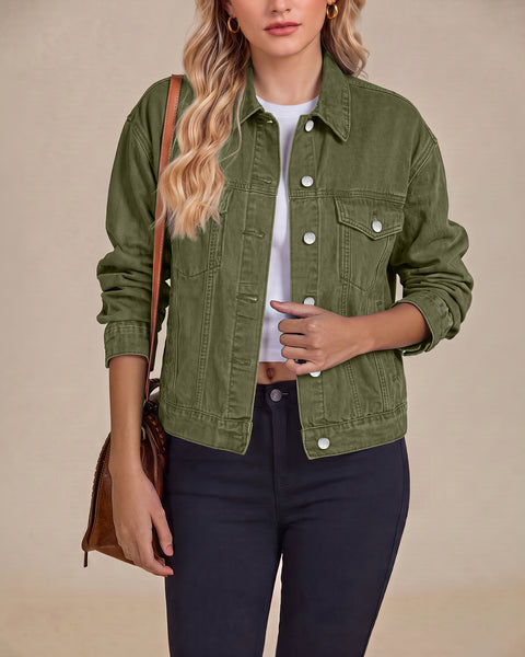 GRAPENT Jean Jacket Women Trendy Button Up Classic Oversized Denim Jackets Loose Fit, Side Seam Tabs for Adjustable Fit, Functional Pockets, Denim Trucker Jackets, Work Casual Oufits, Weekend Outings
