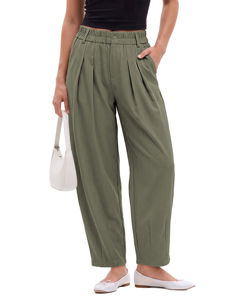GRAPENT Dress Barrel Pants Women High Waisted Tapered Ankle Work Trousers Elastic Waist with Button-zip Closure, Pleated, 27" Inseam, 4 Pockets, Slacks for Women Business Casual, Work Office Outfits