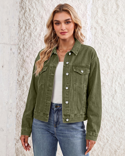 GRAPENT Jean Jacket Women Trendy Button Up Classic Oversized Denim Jackets Loose Fit, Side Seam Tabs for Adjustable Fit, Functional Pockets, Denim Trucker Jackets, Work Casual Oufits, Weekend Outings