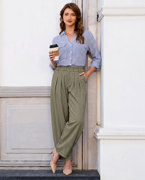 GRAPENT Dress Barrel Pants Women High Waisted Tapered Ankle Work Trousers Elastic Waist with Button-zip Closure, Pleated, 27" Inseam, 4 Pockets, Slacks for Women Business Casual, Work Office Outfits