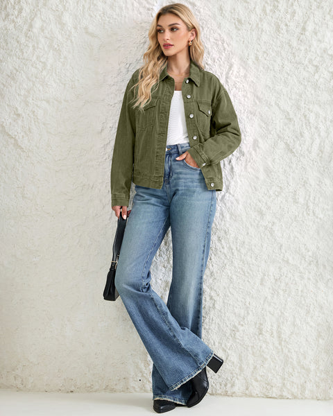 GRAPENT Jean Jacket Women Trendy Button Up Classic Oversized Denim Jackets Loose Fit, Side Seam Tabs for Adjustable Fit, Functional Pockets, Denim Trucker Jackets, Work Casual Oufits, Weekend Outings