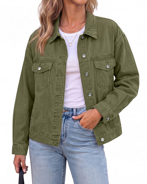 GRAPENT Jean Jacket Women Trendy Button Up Classic Oversized Denim Jackets Loose Fit, Side Seam Tabs for Adjustable Fit, Functional Pockets, Denim Trucker Jackets, Work Casual Oufits, Weekend Outings