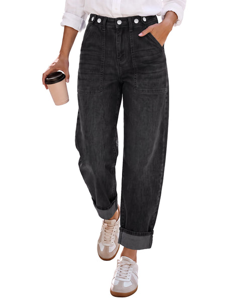 GRAPENT Barrel Jeans Women Cinched High Waisted Cuffed Stretchy Denim Pants Cropped Baggy Wide Leg Jeans, 27 Inch Inseam, Adjustable Cinched Waist, Big Pockets, Work Office Outfits, Casual Daily Wear