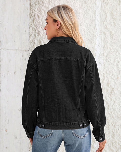 GRAPENT Jean Jacket Women Trendy Button Up Classic Oversized Denim Jackets Loose Fit, Side Seam Tabs for Adjustable Fit, Functional Pockets, Denim Trucker Jackets, Work Casual Oufits, Weekend Outings