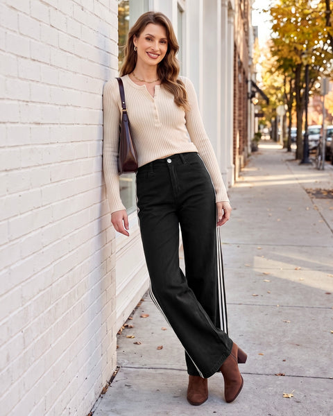 GRAPENT Wide Leg Jeans for Women High Rise Track Stripe Stretch Denim Pants Womens Jeans High Waisted, Full Length, 29.5" Inseam, Classic 5 Pockets, 90s Baggy Style, Country Concert, Work Casual Outfit