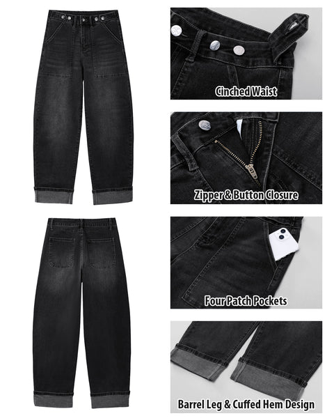 GRAPENT Barrel Jeans Women Cinched High Waisted Cuffed Stretchy Denim Pants Cropped Baggy Wide Leg Jeans, 27 Inch Inseam, Adjustable Cinched Waist, Big Pockets, Work Office Outfits, Casual Daily Wear