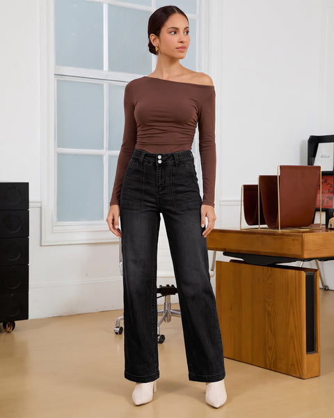 GRAPENT Straight Leg Jeans for Women High Waisted Dual Buttons Denim Pants Soft Stretchy Denim Jeans, Straight Wide Leg, High Rise Fit, Full Length, 29.5" Inseam, Big Pockets, Work Casual, Daily Wear