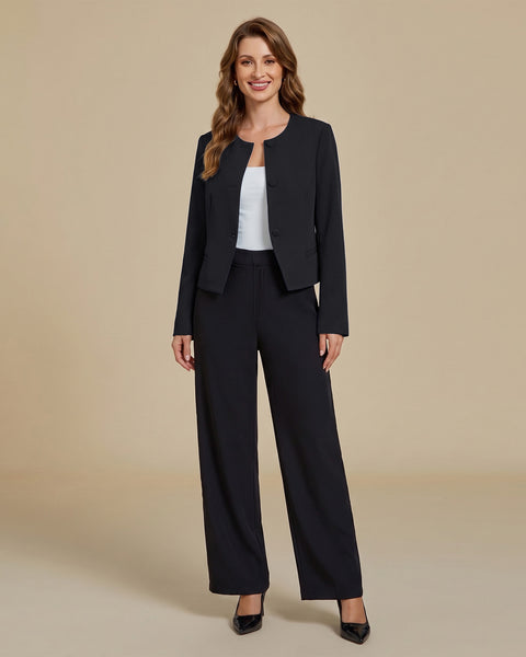 GRAPENT Cropped Blazers for Women Business Casual Collarless Blazer Jackets Collarless Round Neck, Long Sleeve, Crop Length, Shoulder Pads, Button-Front, Casual Suit Jacket, Dressy Casual, Work Office