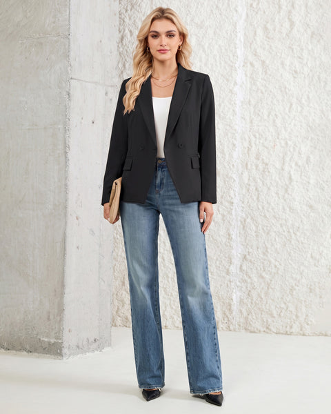 GRAPENT Blazers for Women Business Casual Double Breasted Suit Jackets Notch Collar, Long Sleeves with Button Cuffs, Flap Pockets, Shoulder Pads, Dressy Casual Fitted Outfits, Work Office Wear
