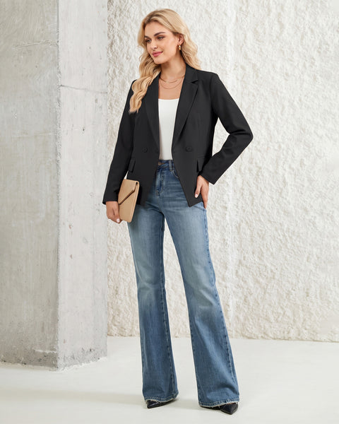 GRAPENT Blazers for Women Business Casual Double Breasted Suit Jackets Notch Collar, Long Sleeves with Button Cuffs, Flap Pockets, Shoulder Pads, Dressy Casual Fitted Outfits, Work Office Wear