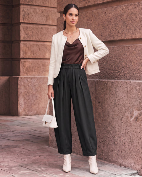 GRAPENT Dress Barrel Pants Women High Waisted Tapered Ankle Work Trousers Elastic Waist with Button-zip Closure, Pleated, 27" Inseam, 4 Pockets, Slacks for Women Business Casual, Work Office Outfits
