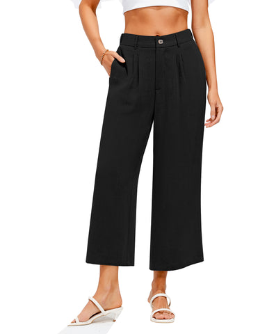 GRAPENT Wide Leg Capri Pants for Women High Waisted Linen Flowy Pleated Capris Cropped Trousers Pants Dressy Casual