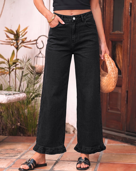 GRAPENT Wide Leg Jeans for Women Ruffle Hem High Waisted Ankle Denim Pants | Trendy Baggy Jeans, Stretch Denim, High Rise Fit, Cropped Jean Pants, 27.5 Inch Inseam, Flattering Ruffle Hem, Weekend Casual