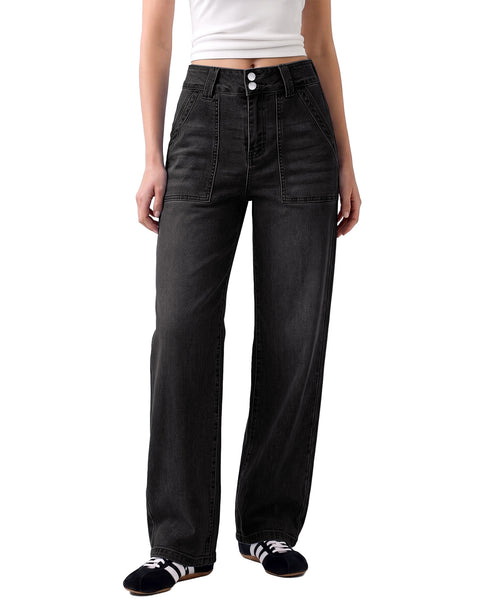 GRAPENT Straight Leg Jeans for Women High Waisted Dual Buttons Denim Pants Soft Stretchy Denim Jeans, Straight Wide Leg, High Rise Fit, Full Length, 29.5" Inseam, Big Pockets, Work Casual, Daily Wear