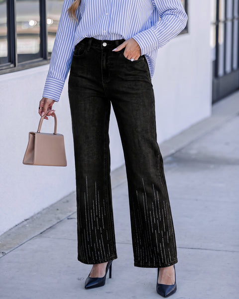 GRAPENT Rhinestone Jeans for Women High Waist Wide Leg Sparkly Denim Pants Womens Jeans Stretchy, High Rise Fit, Full Length, 29.5" Inseam, Embellished Rhinestone, Country Concert, Dressy Casual Wear