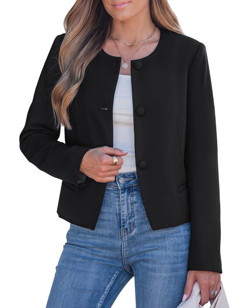 GRAPENT Cropped Blazers for Women Business Casual Collarless Blazer Jackets Collarless Round Neck, Long Sleeve, Crop Length, Shoulder Pads, Button-Front, Casual Suit Jacket, Dressy Casual, Work Office