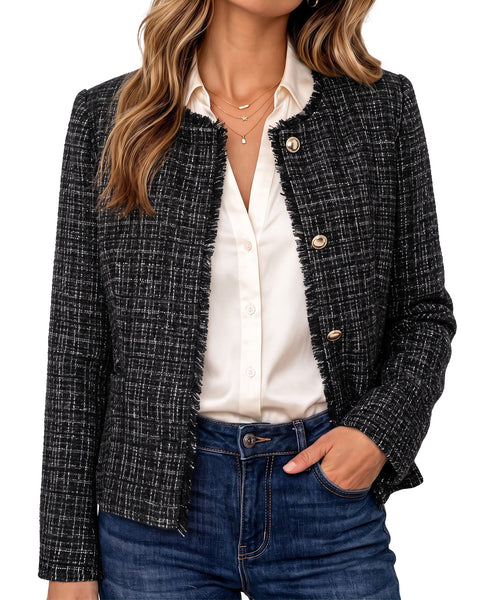 GRAPENT Tweed Blazers for Women Dressy Casual Collarless Work Suit Jackets Textured Tweed, Long Sleeve, Round Neck, Frayed Trim, Casual Blazer Jackets with Shoulder Pads, Business Casual, Office Wear